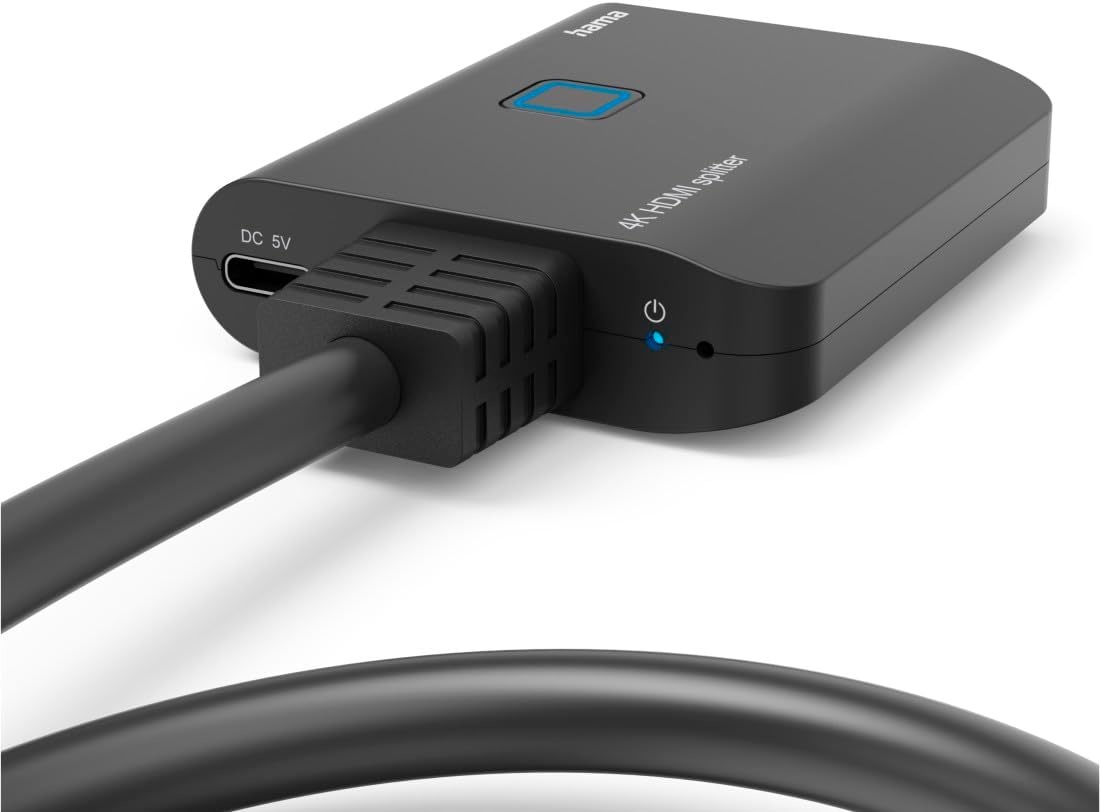 Hama HDMI splitter 4K 1 in 2 Out (4K @30Hz, adapter voor de overdracht van een HDMI-signaal naar 2 outputapparaten, bijv. beamer, beeldscherm of 2 monitoren tegelijk, 60 cm) zwart