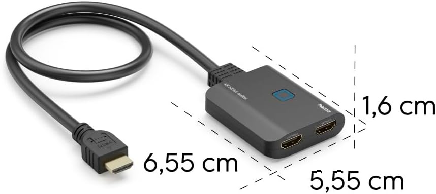 Hama HDMI splitter 4K 1 in 2 Out (4K @30Hz, adapter voor de overdracht van een HDMI-signaal naar 2 outputapparaten, bijv. beamer, beeldscherm of 2 monitoren tegelijk, 60 cm) zwart