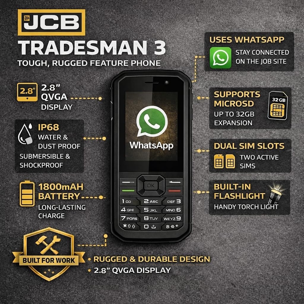 JCB Tradesman 3 4G Robuuste Telefoon met Wifi, IP68 Waterdicht, WhatsApp, Hotspot, Dual SIM, Bluetooth, FM Radio en 1800mAh Batterij – Zwart