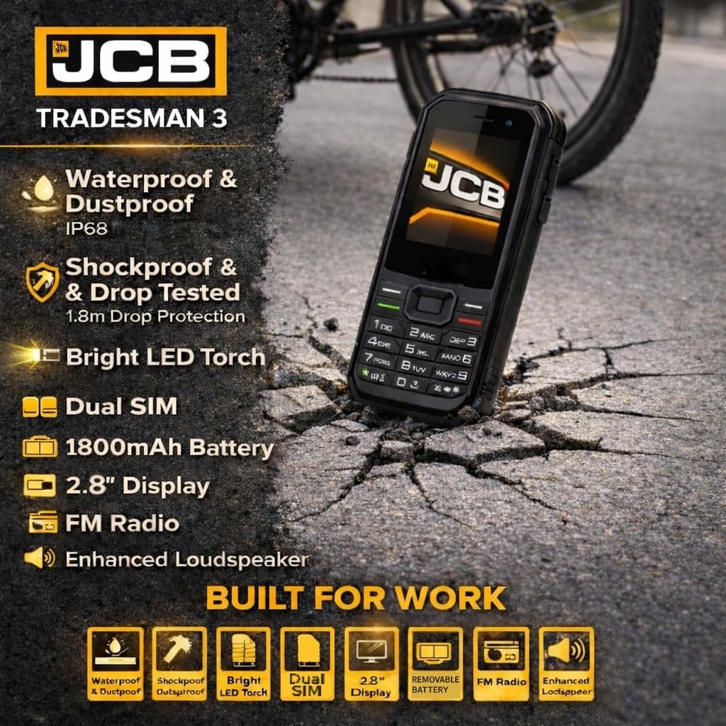 JCB Tradesman 3 4G Robuuste Telefoon met Wifi, IP68 Waterdicht, WhatsApp, Hotspot, Dual SIM, Bluetooth, FM Radio en 1800mAh Batterij – Zwart