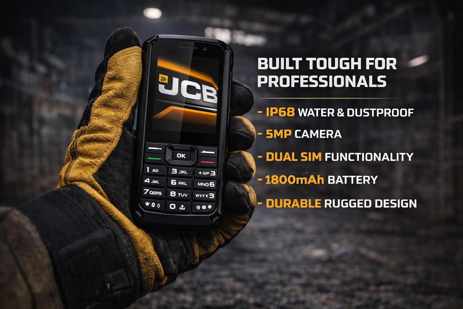 JCB Tradesman 3 4G Robuuste Telefoon met Wifi, IP68 Waterdicht, WhatsApp, Hotspot, Dual SIM, Bluetooth, FM Radio en 1800mAh Batterij – Zwart