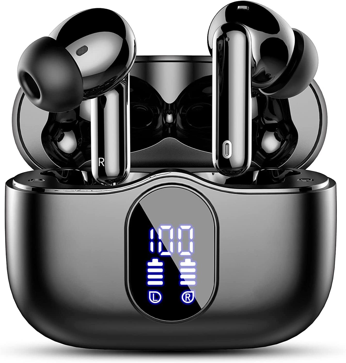 Draadloze hoofdtelefoon, Bluetooth 5.3 met HD-microfoon, hifi-stereo, led-display, ruisonderdrukking, 13 mm dynamische driver, IP7, waterdicht, 36H, zwarte hoofdtelefoon