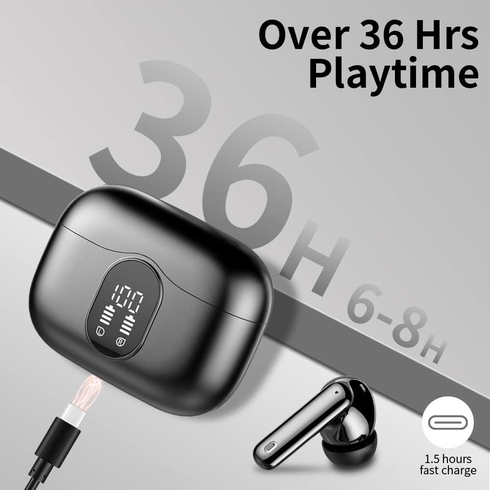 Draadloze hoofdtelefoon, Bluetooth 5.3 met HD-microfoon, hifi-stereo, led-display, ruisonderdrukking, 13 mm dynamische driver, IP7, waterdicht, 36H, zwarte hoofdtelefoon