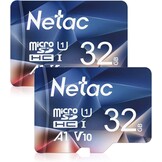 Netac Micro SD-kaart A1, U1, C10, V10, FHD, 600X, UHS-I snelheid tot 90/10 MB/sec(R/W) Micro SD-kaart voor telefoon, camcorder, switch, GoPro Tablet 32 GB 2 stuks - Maat 32GB×2