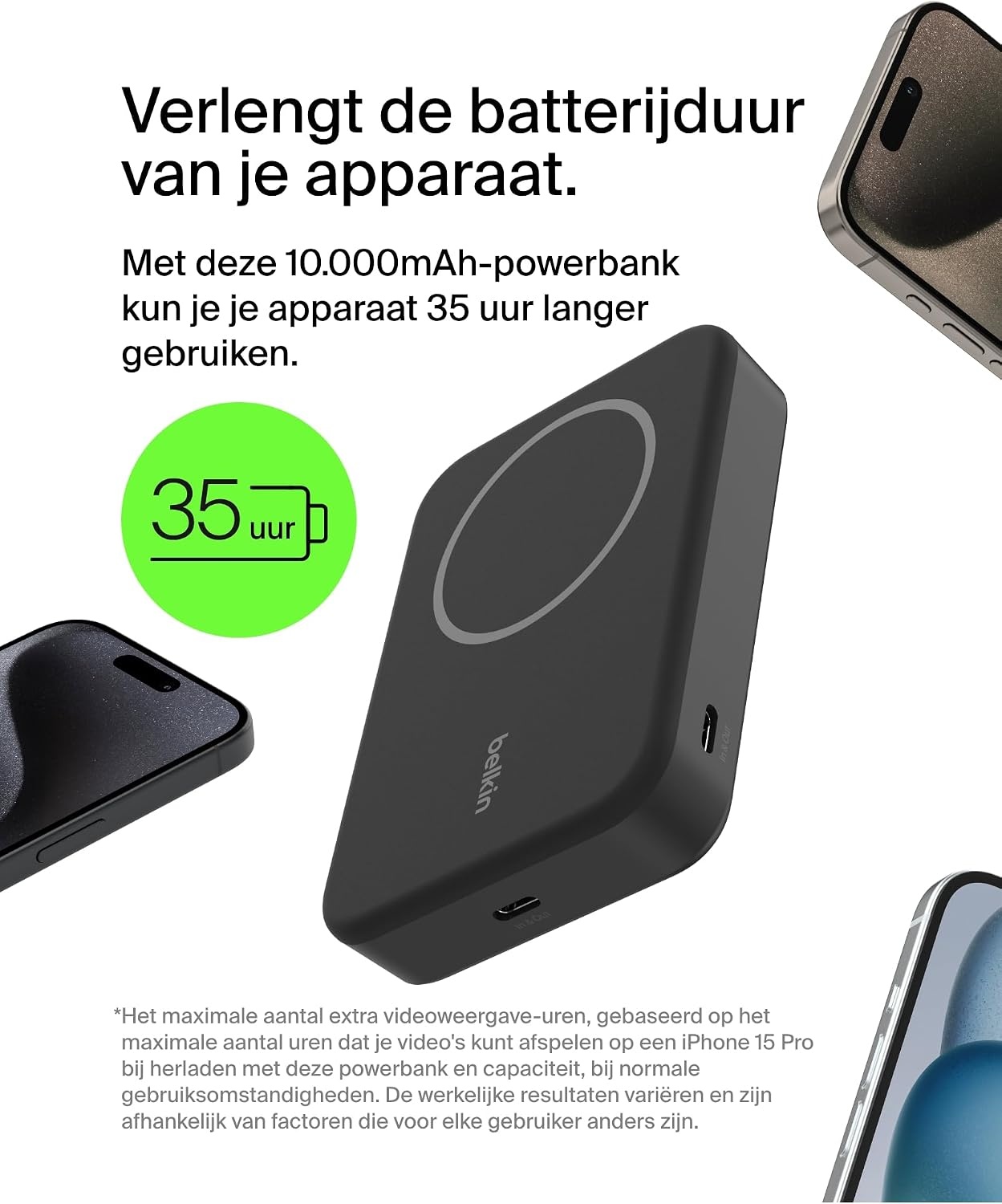 Belkin BoostCharge Pro draadloze 10000mAh-powerbank met Qi2, MagSafe-compatibele draagbare lader + uitklapbare standaard - iPhone 16, 16 Plus, 16 Pro, 16 Pro Max, iPhone 15, 14, 13, 12, meer - Zwart
