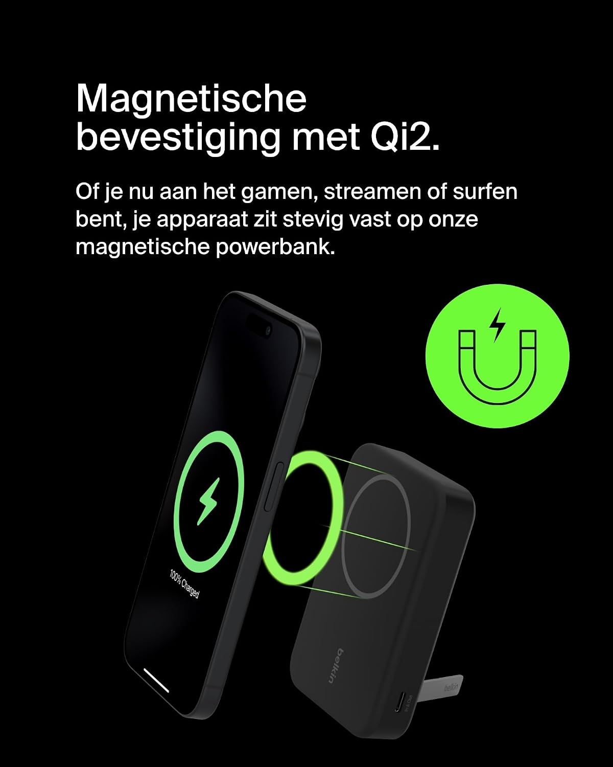 Belkin BoostCharge Pro draadloze 10000mAh-powerbank met Qi2, MagSafe-compatibele draagbare lader + uitklapbare standaard - iPhone 16, 16 Plus, 16 Pro, 16 Pro Max, iPhone 15, 14, 13, 12, meer - Zwart