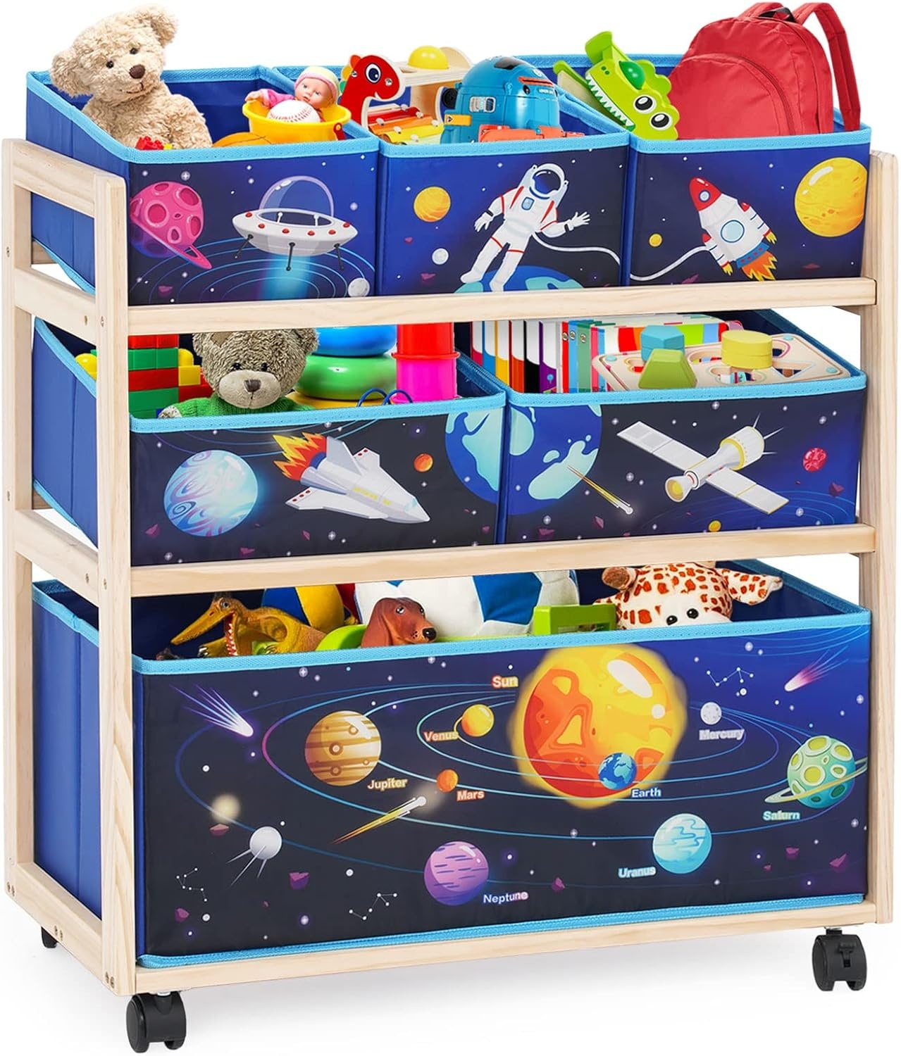 Children's Toy Organiser with Wheels and 6 Large Capacity Storage Containers for Storing Toys for Children's Room, Boys Room (Star)
