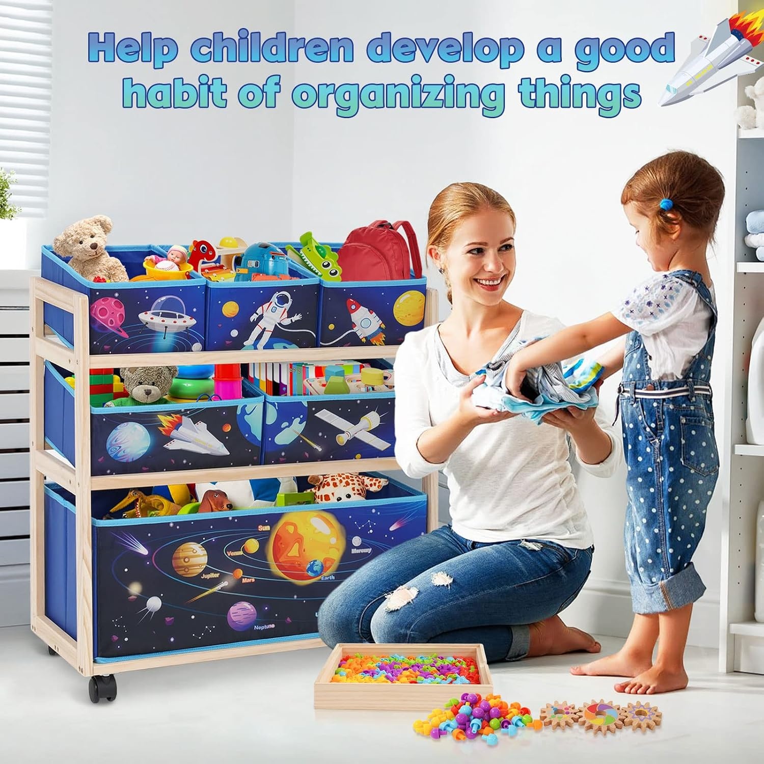 Children's Toy Organiser with Wheels and 6 Large Capacity Storage Containers for Storing Toys for Children's Room, Boys Room (Star)