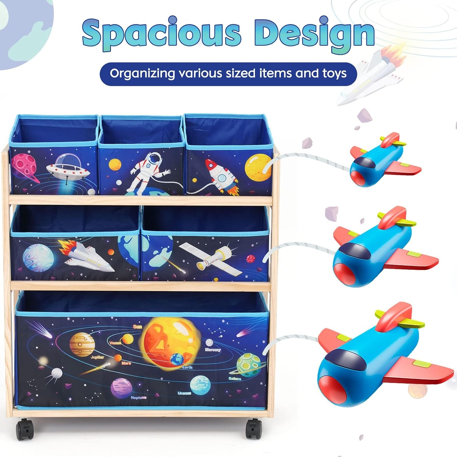 Children's Toy Organiser with Wheels and 6 Large Capacity Storage Containers for Storing Toys for Children's Room, Boys Room (Star)
