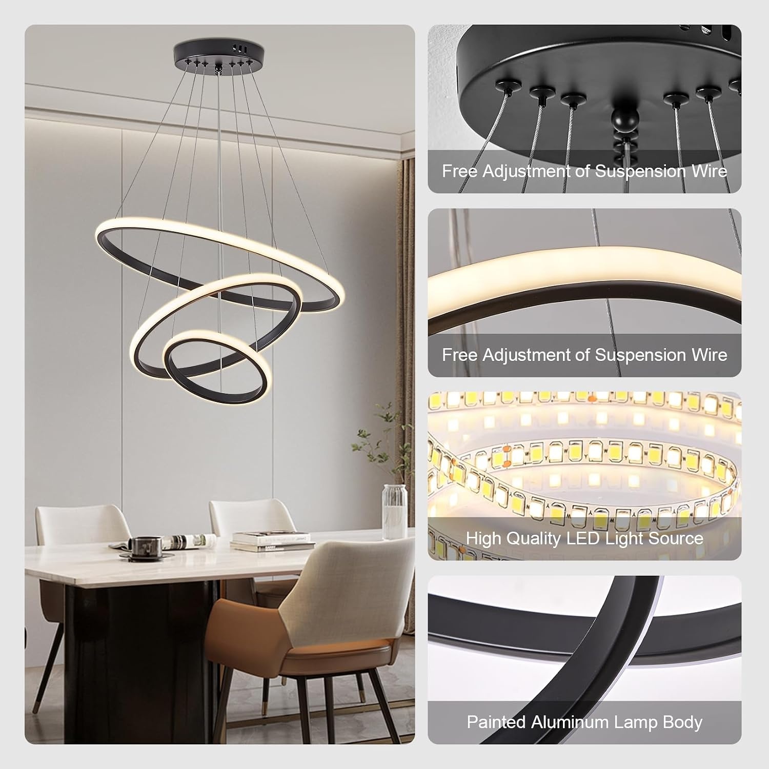 Nowoczesna Lampa Wisząca LED 45W Czarna 50CM Przyciemniana z Pilotem Regulowana Wysokość Lampa Sufitowa do Jadalni Salonu Kuchni Biura Kreatywna Wisząca Sypialni（Złota ）