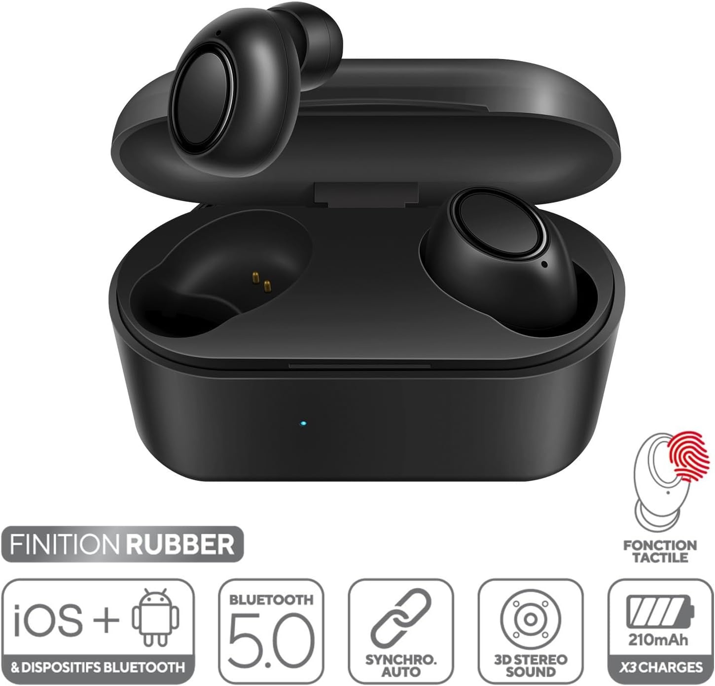 OxyBuds Bluetooth 5.0 zwarte stereo hoofdtelefoon met touch-bediening, compatibel met elke smartphone