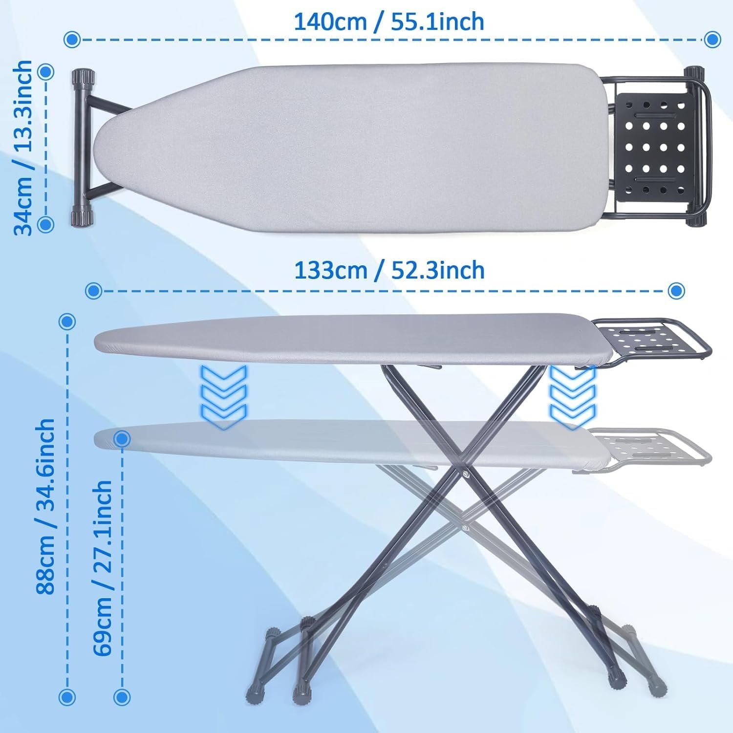 Ironing Board, Steam Ironing Board with Iron Rest, Metal Mesh Ironing Board with Non-Slip Feet for Adjustable Height, Folding Ironing Board No, Robust Ironing Board Size 133 x 34 cm