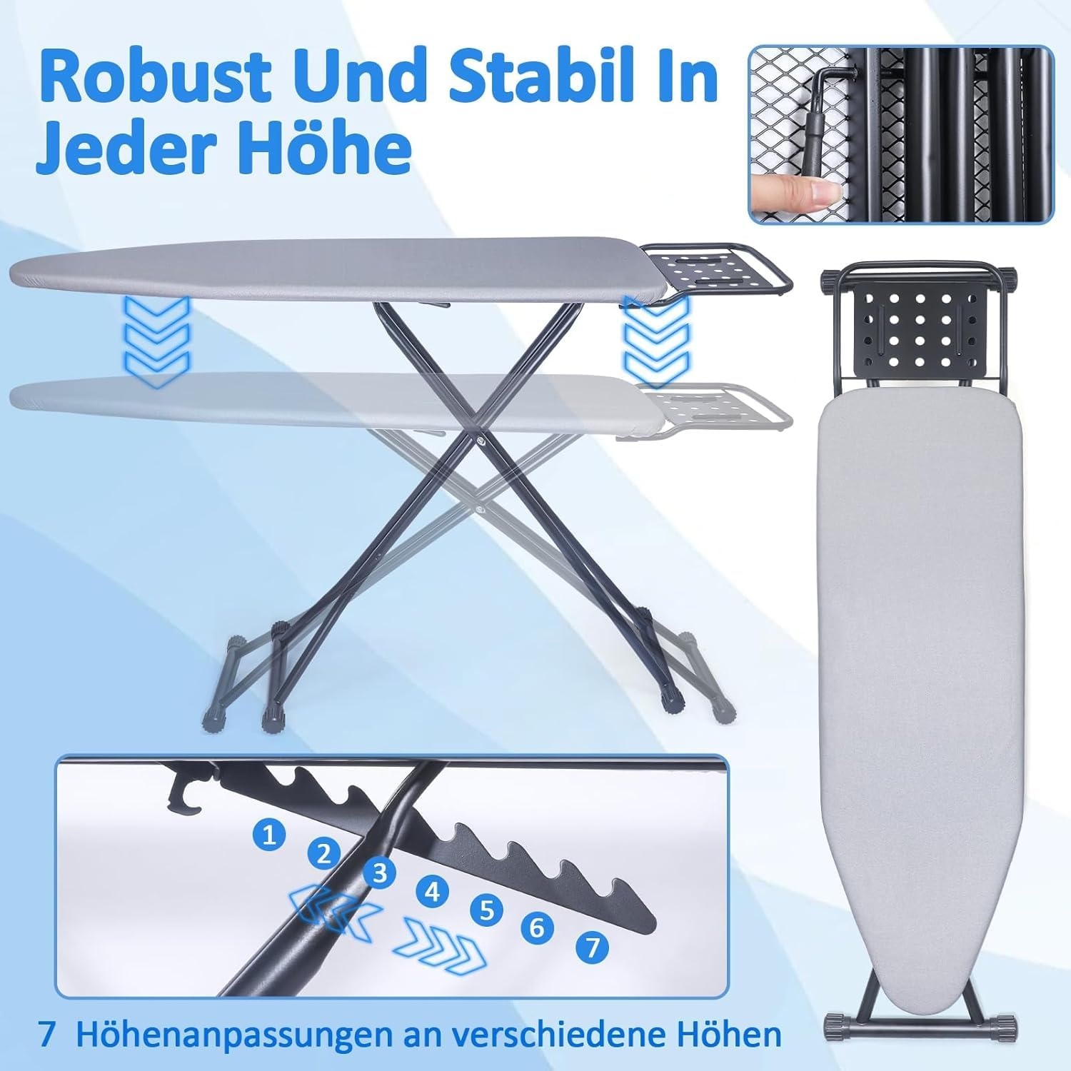 Ironing Board, Steam Ironing Board with Iron Rest, Metal Mesh Ironing Board with Non-Slip Feet for Adjustable Height, Folding Ironing Board No, Robust Ironing Board Size 133 x 34 cm