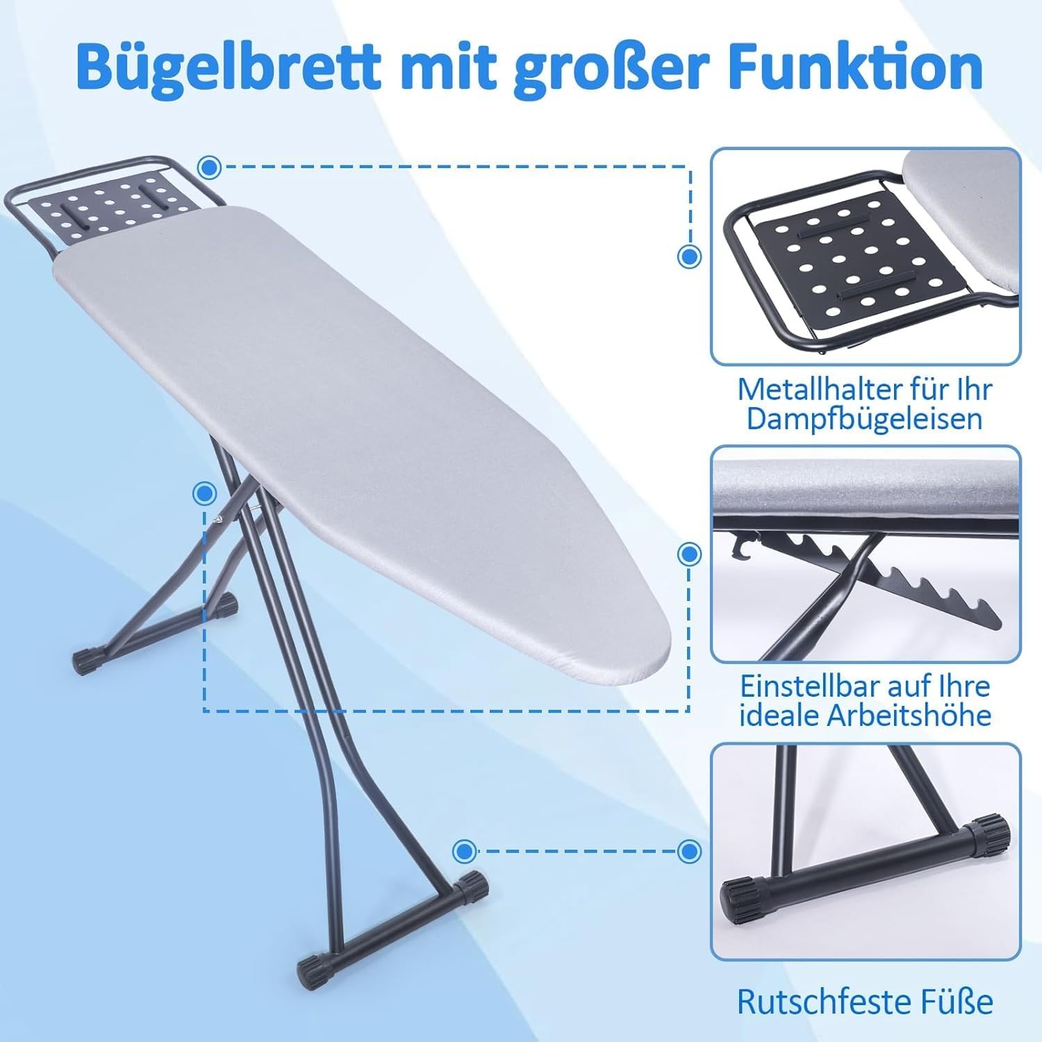 Ironing Board, Steam Ironing Board with Iron Rest, Metal Mesh Ironing Board with Non-Slip Feet for Adjustable Height, Folding Ironing Board No, Robust Ironing Board Size 133 x 34 cm