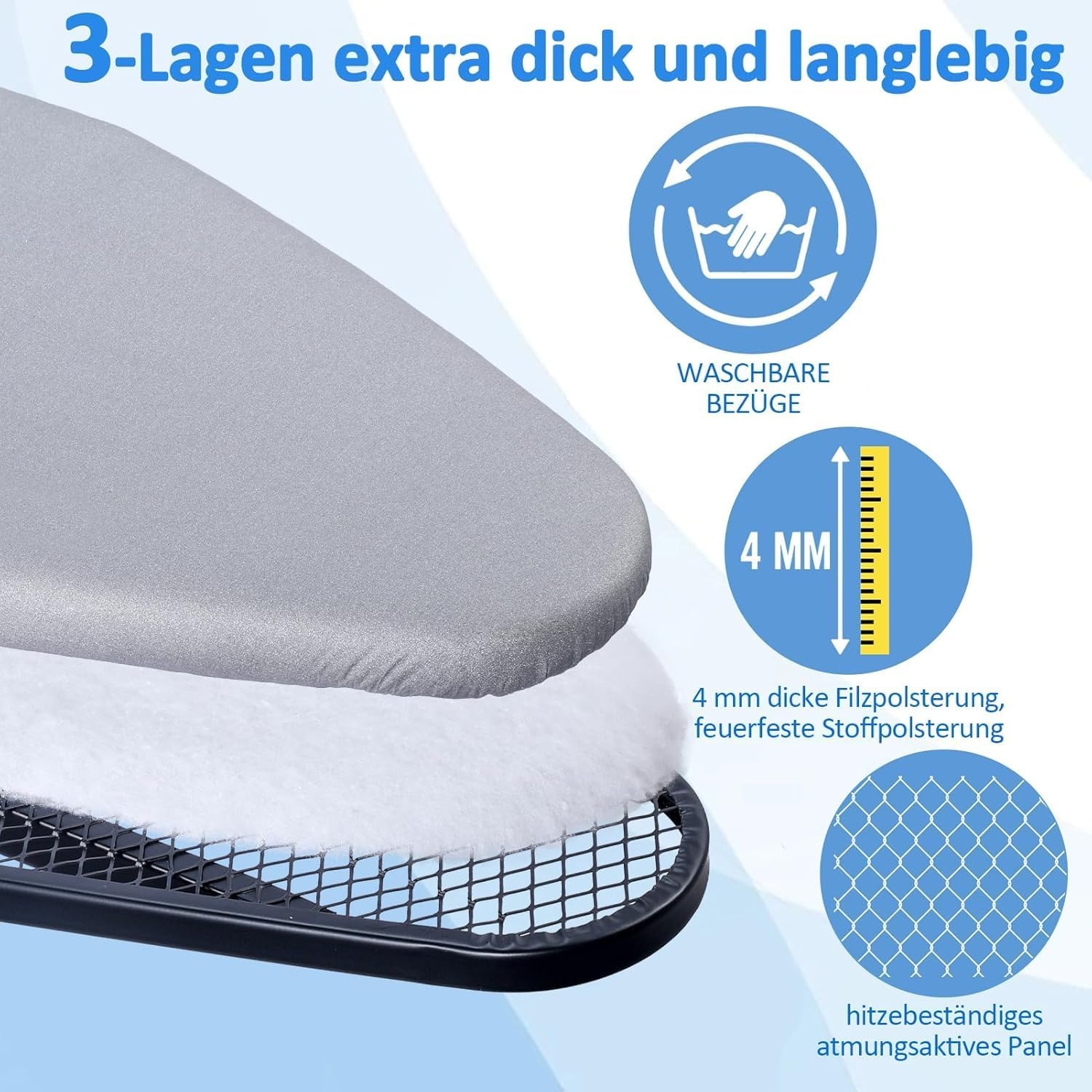 Ironing Board, Steam Ironing Board with Iron Rest, Metal Mesh Ironing Board with Non-Slip Feet for Adjustable Height, Folding Ironing Board No, Robust Ironing Board Size 133 x 34 cm
