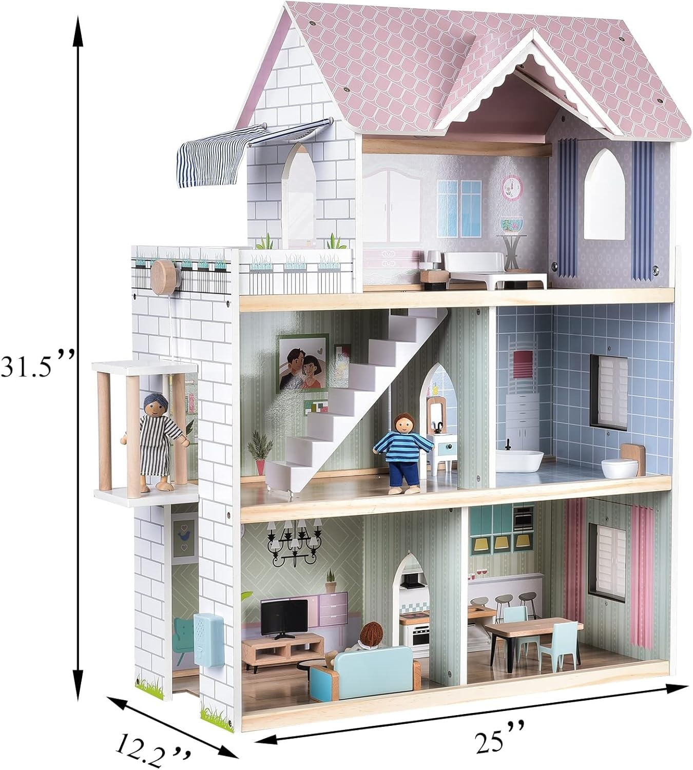 Giant Bean Poppenhuis hout, 80 cm poppenhuis van hout met lift, bel, licht, 15 meubels en 3 poppen, speelgoedcadeau voor meisjes van 3 tot 7 jaar +