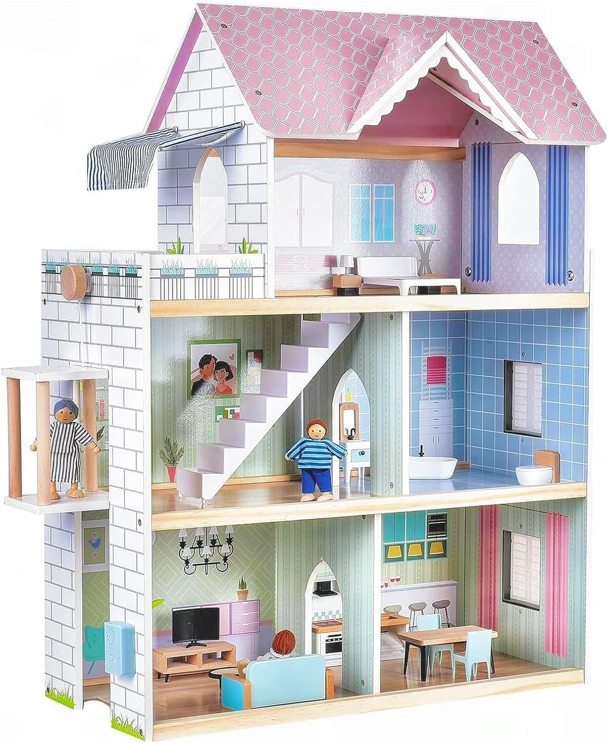 Giant Bean Poppenhuis hout, 80 cm poppenhuis van hout met lift, bel, licht, 15 meubels en 3 poppen, speelgoedcadeau voor meisjes van 3 tot 7 jaar +