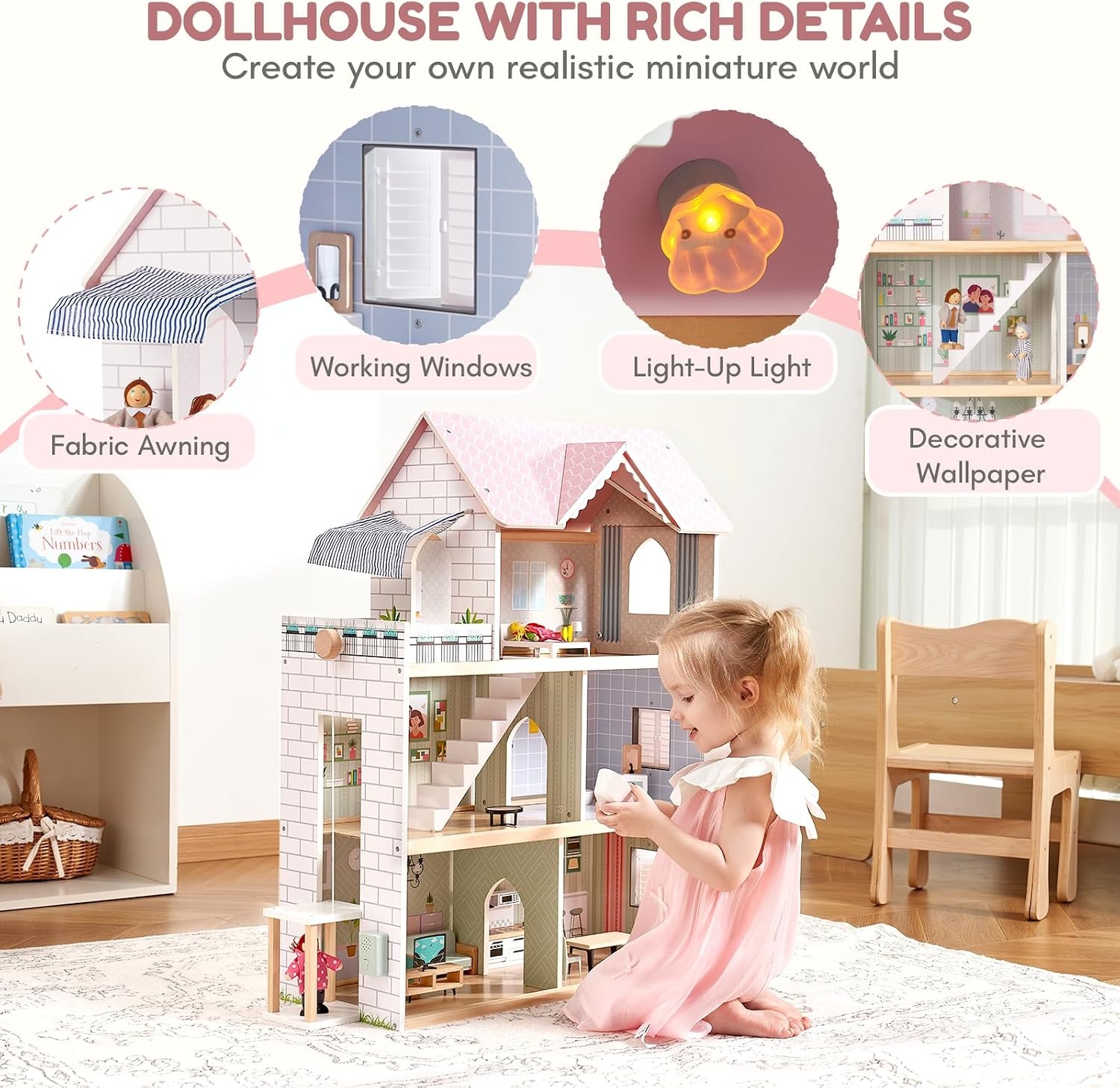 Giant Bean Poppenhuis hout, 80 cm poppenhuis van hout met lift, bel, licht, 15 meubels en 3 poppen, speelgoedcadeau voor meisjes van 3 tot 7 jaar +