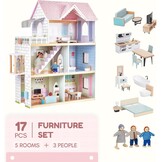 Giant Bean Poppenhuis hout, 80 cm poppenhuis van hout met lift, bel, licht, 15 meubels en 3 poppen, speelgoedcadeau voor meisjes van 3 tot 7 jaar +