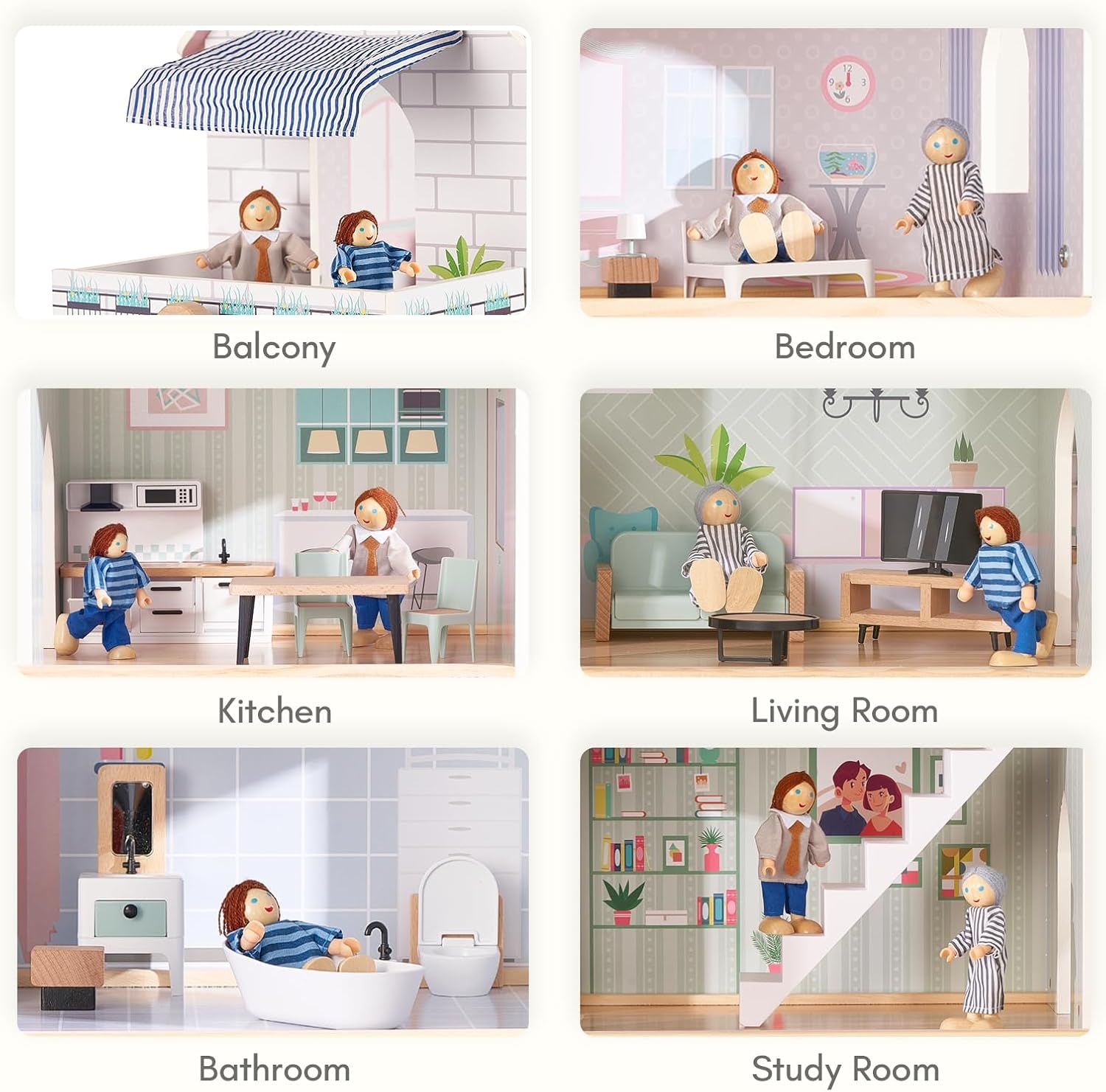 Giant Bean Poppenhuis hout, 80 cm poppenhuis van hout met lift, bel, licht, 15 meubels en 3 poppen, speelgoedcadeau voor meisjes van 3 tot 7 jaar +