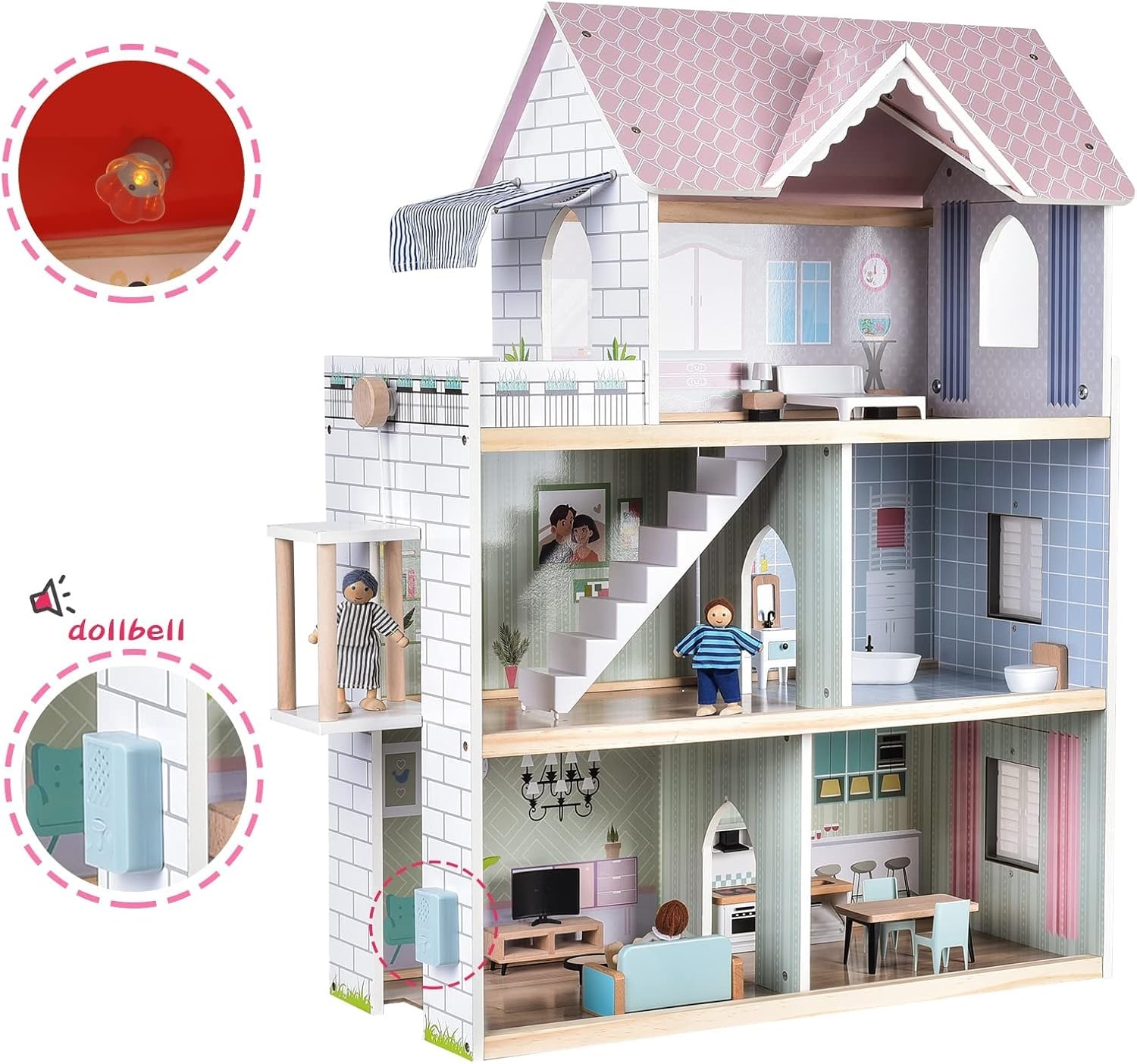 Giant Bean Poppenhuis hout, 80 cm poppenhuis van hout met lift, bel, licht, 15 meubels en 3 poppen, speelgoedcadeau voor meisjes van 3 tot 7 jaar +