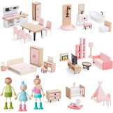 Giant Bean Poppenhuis hout, 80 cm poppenhuis van hout met lift, bel, licht, 15 meubels en 3 poppen, speelgoedcadeau voor meisjes van 3 tot 7 jaar +
