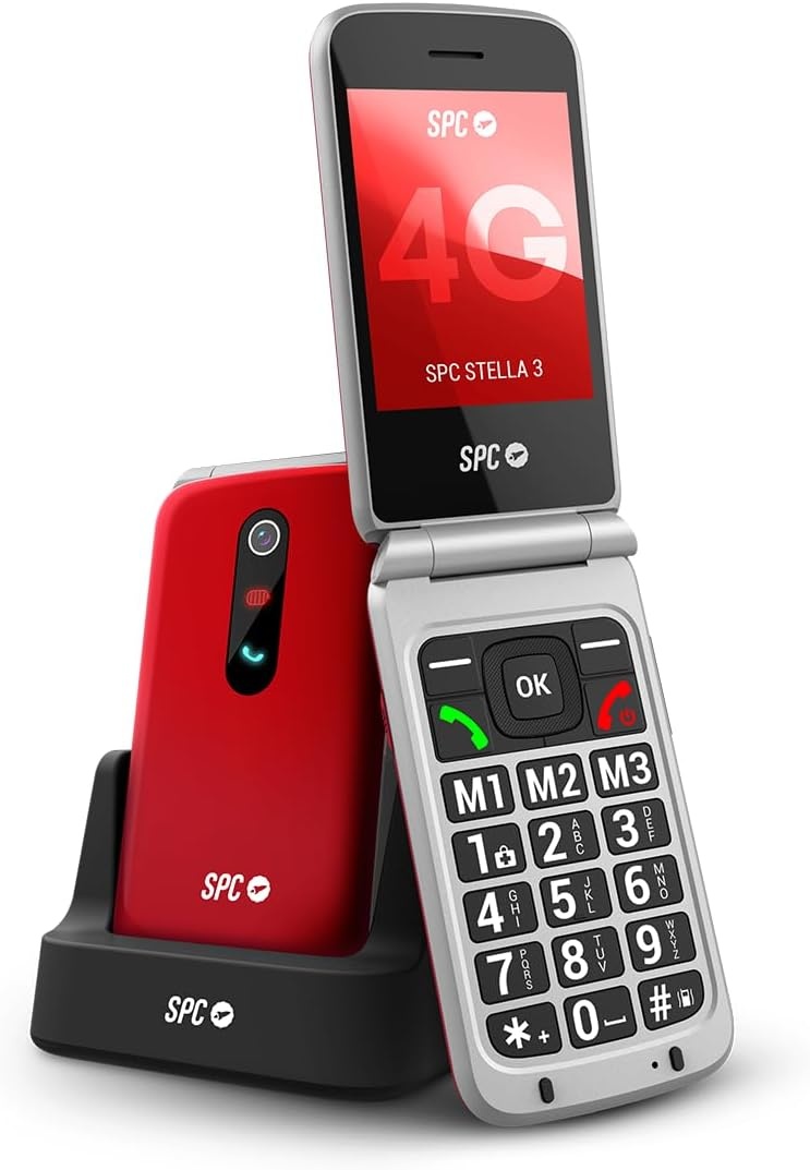 SPC Stella 3-4G Senior Mobile Phone with Flip Cover, Menu and Large Buttons, Emergency Call Button, External Configuration, Hearing Aid Compatible with 103 dB Volume, Charging Station and 3 Direct