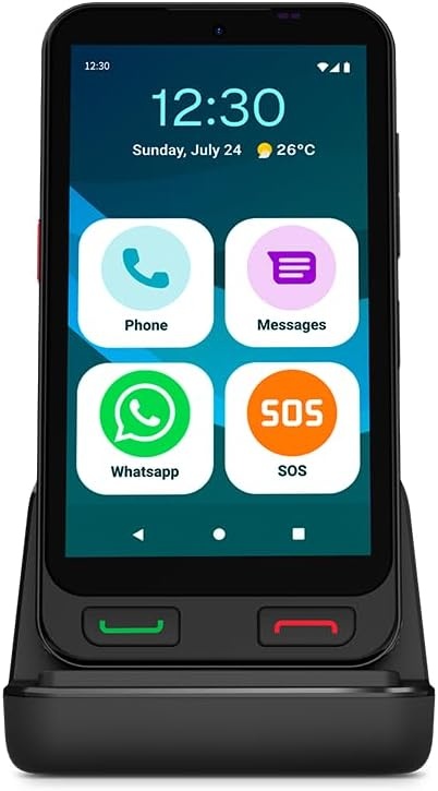 SPC Zeus 2 Smartphone voor senioren met eenvoudige modus, fysieke knoppen, XXL-symbolen, compatibel met App Care afstandsbediening en locatie, 12,7 cm (5 inch), dubbele camera, 64 GB, laadstation