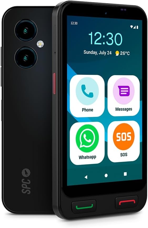 SPC Zeus 2 Smartphone voor senioren met eenvoudige modus, fysieke knoppen, XXL-symbolen, compatibel met App Care afstandsbediening en locatie, 12,7 cm (5 inch), dubbele camera, 64 GB, laadstation