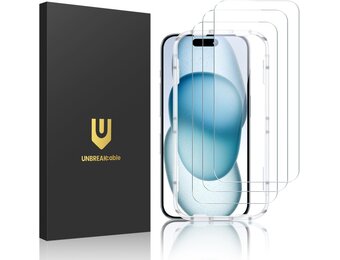 UNBREAKcable Displaybeschermfolie van gehard glas voor iPhone 15, hardheid 9H, met installatieframe, compatibel met iPhone 15-6,1 inch, krasbestendig, luchtbelvrij, 3 stuks