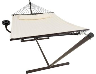 Vita5 Hangmat met Standaard en Spreidstok – 2 Persoons – incl. Bekerhouder - Afneembaar kussen – UV- en weerbestendig – Beige