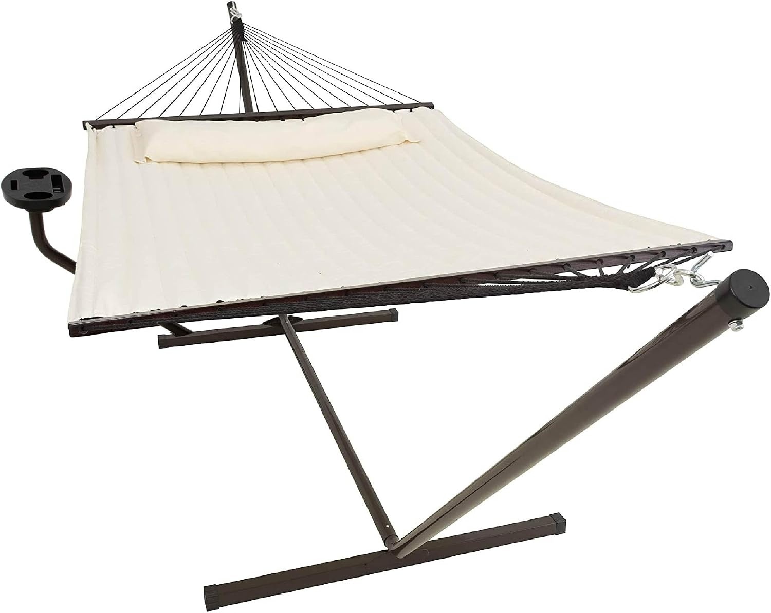 Vita5 Hangmat met Standaard en Spreidstok – 2 Persoons – incl. Bekerhouder - Afneembaar kussen – UV- en weerbestendig – Beige