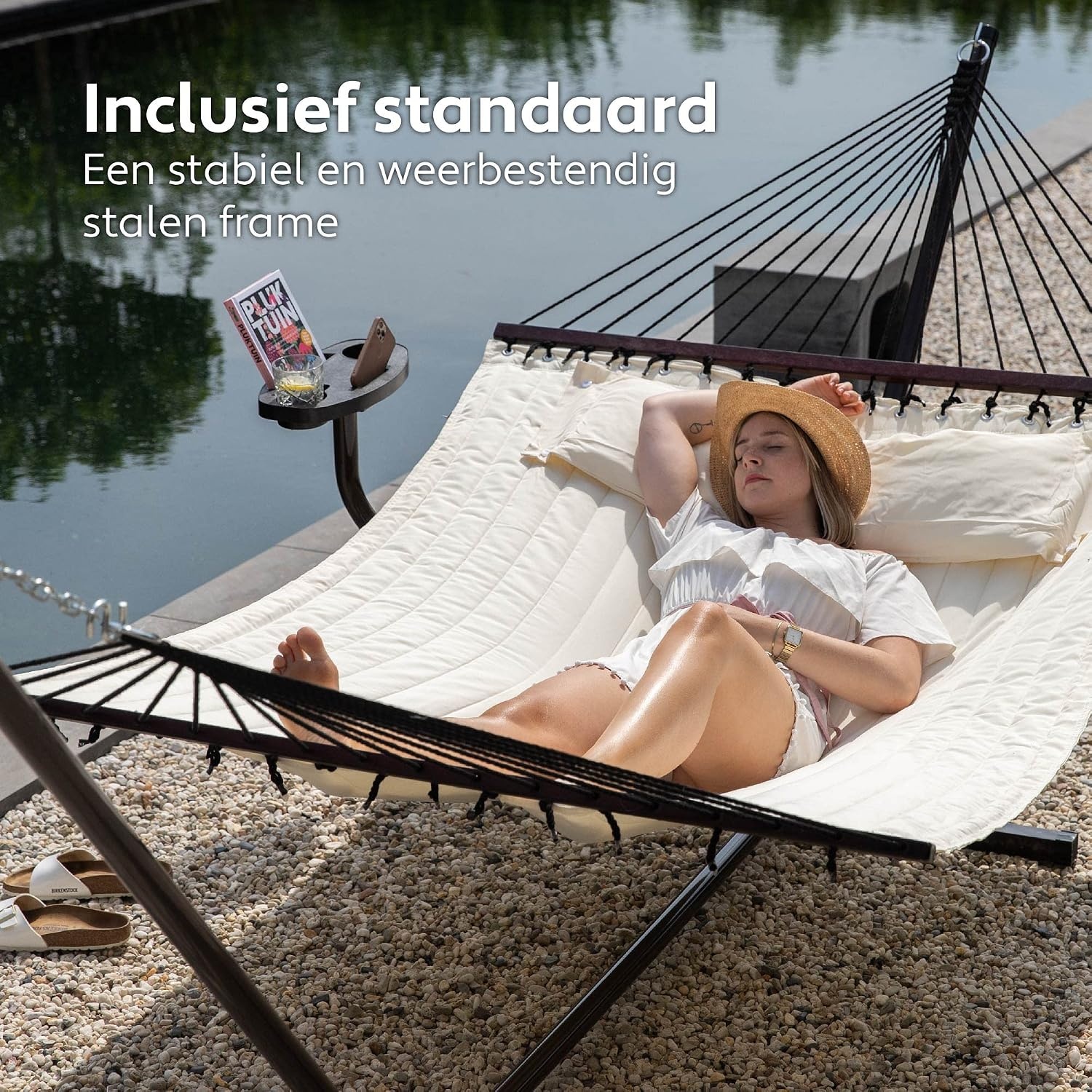 Vita5 Hangmat met Standaard en Spreidstok – 2 Persoons – incl. Bekerhouder - Afneembaar kussen – UV- en weerbestendig – Beige