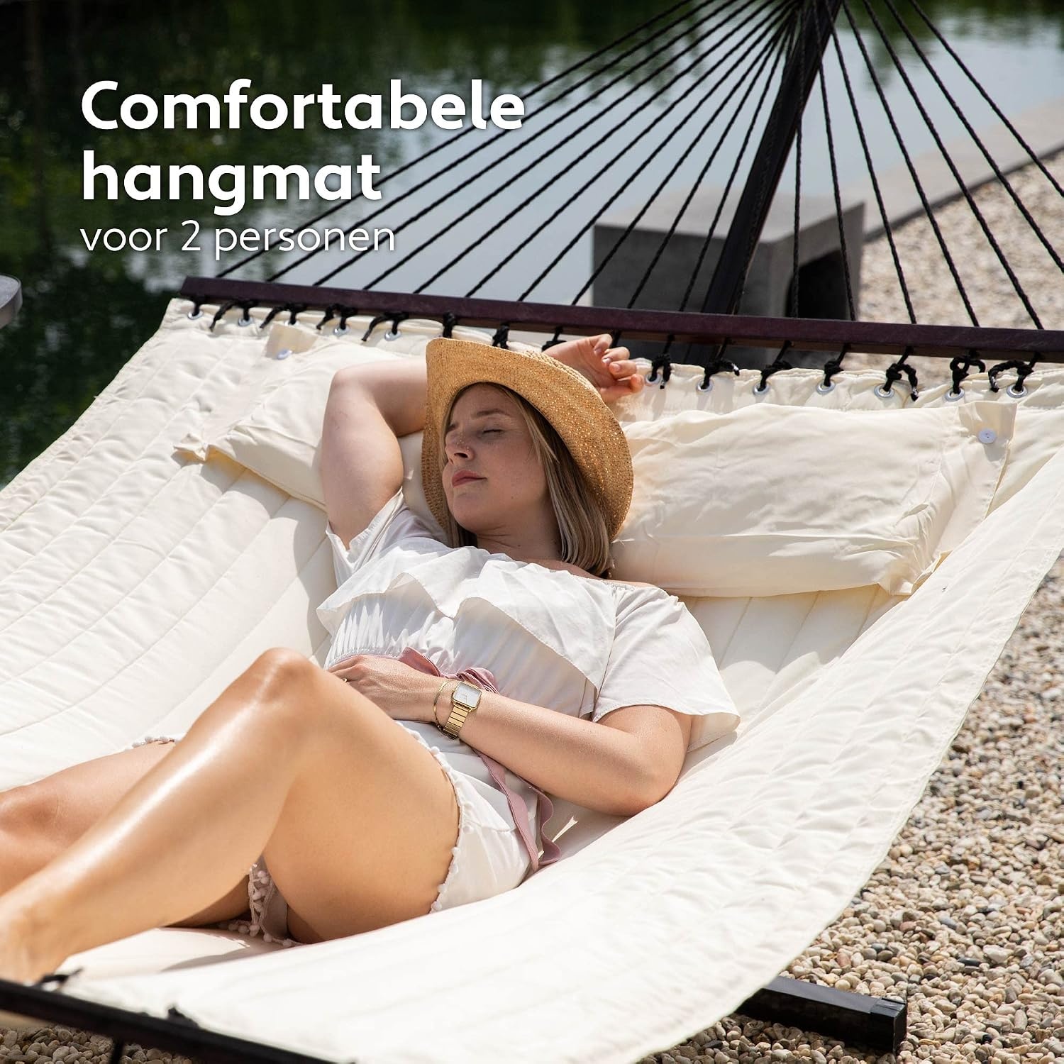 Vita5 Hangmat met Standaard en Spreidstok – 2 Persoons – incl. Bekerhouder - Afneembaar kussen – UV- en weerbestendig – Beige