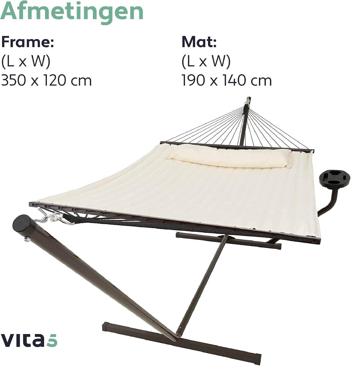 Vita5 Hangmat met Standaard en Spreidstok – 2 Persoons – incl. Bekerhouder - Afneembaar kussen – UV- en weerbestendig – Beige