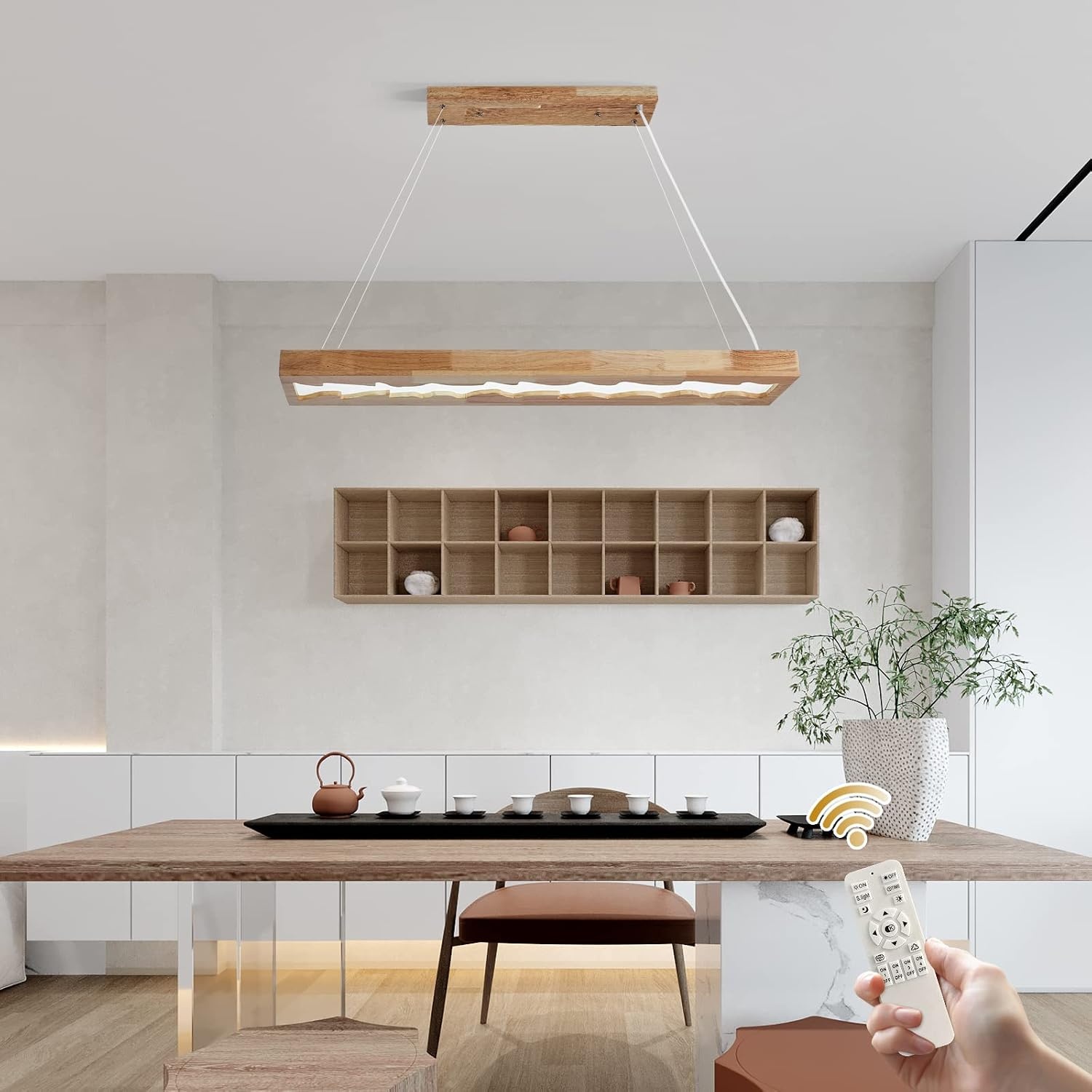Rustieke LED Houten Hanglamp 100 cm – Dimbare Eettafelverlichting met Afstandsbediening