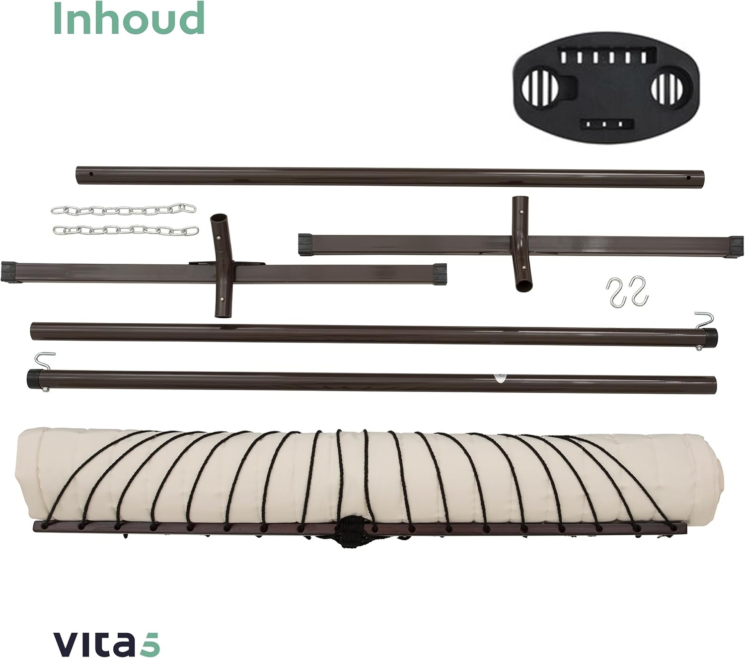 Vita5 Hangmat met Standaard en Spreidstok – 2 Persoons – incl. Bekerhouder - Afneembaar kussen – UV- en weerbestendig – Beige
