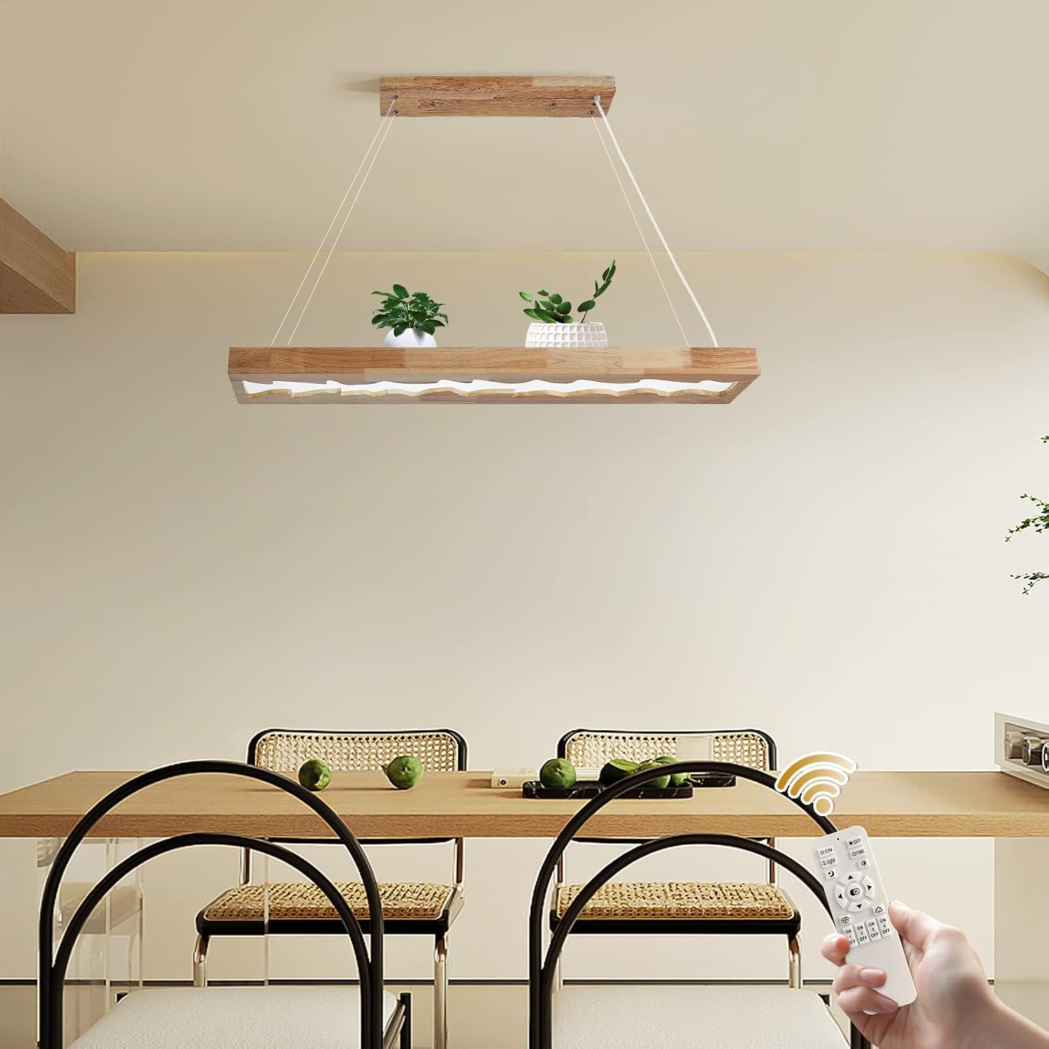 Rustieke LED Houten Hanglamp 100 cm – Dimbare Eettafelverlichting met Afstandsbediening