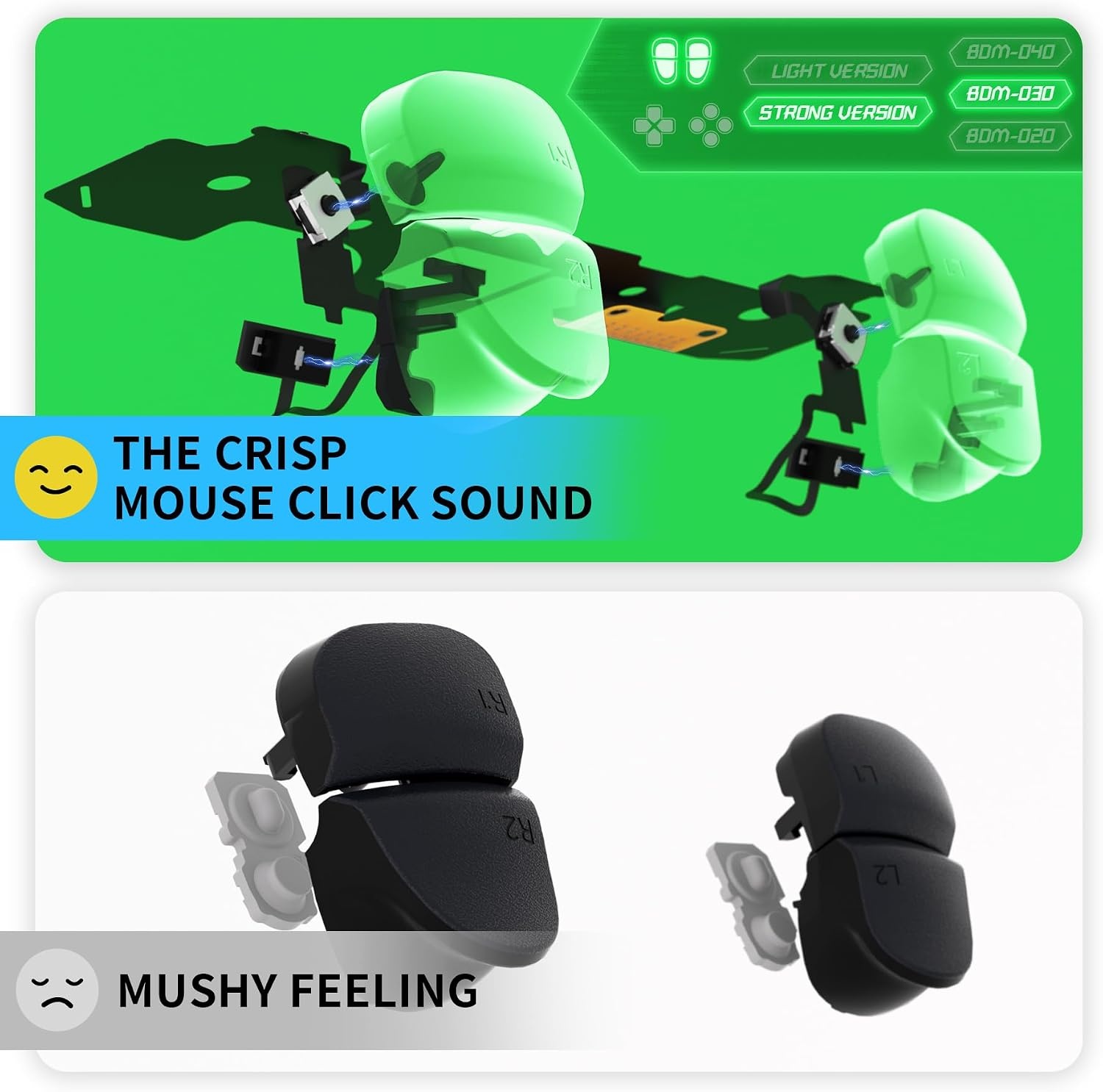 eXtremeRate Clicky Hair Trigger Kit voor ps5 Controller BDM-030,Micro Switch L2R2 Trigger Stop Ergonomische L1R1 Bumper Tactile Buttons Muisklik voor ps5 Controller BDM-030 (Sterke Versie) - Maat Sterke Versie