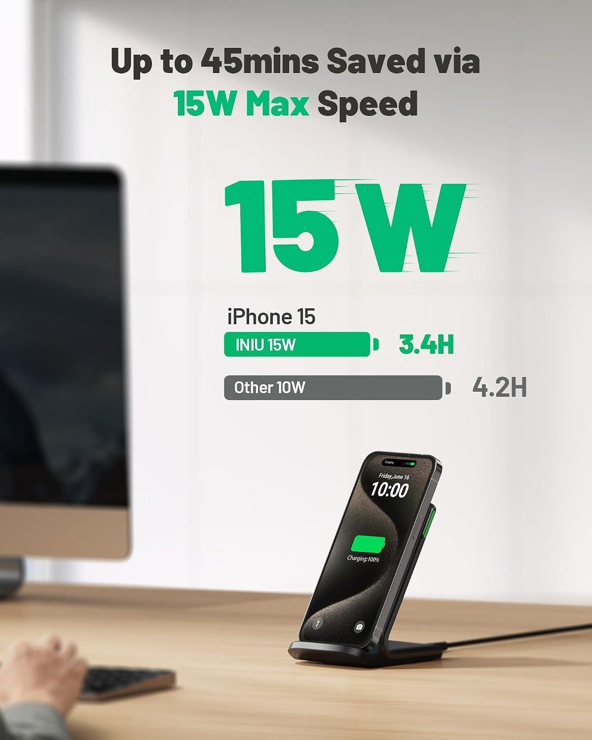 INIU Draadloze oplader, 15 W snellaadstandaard, draadloos laadstation, Qi-gecertificeerd, oplader, compatibel met iPhone 12, 11 Pro Max, Xr, Xs X, 8, Samsung Galaxy S21, S20, S10, S9, S8