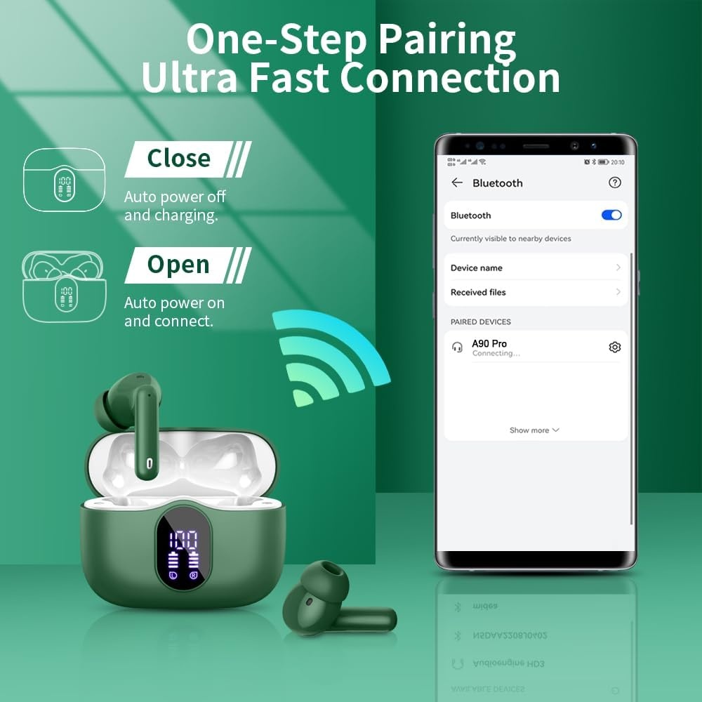 Btootos Bluetooth 5.3 hoofdtelefoon, draadloos, met 4 ENC-ruisonderdrukking, microfoon, bluetooth, hifi, stereogeluid, 36 uur speeltijd, IP7 waterdicht, led-display, touch-bediening