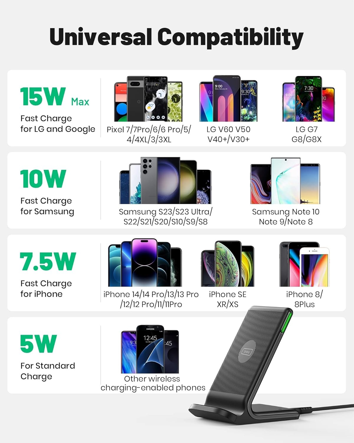 INIU Draadloze oplader, 15 W snellaadstandaard, draadloos laadstation, Qi-gecertificeerd, oplader, compatibel met iPhone 12, 11 Pro Max, Xr, Xs X, 8, Samsung Galaxy S21, S20, S10, S9, S8