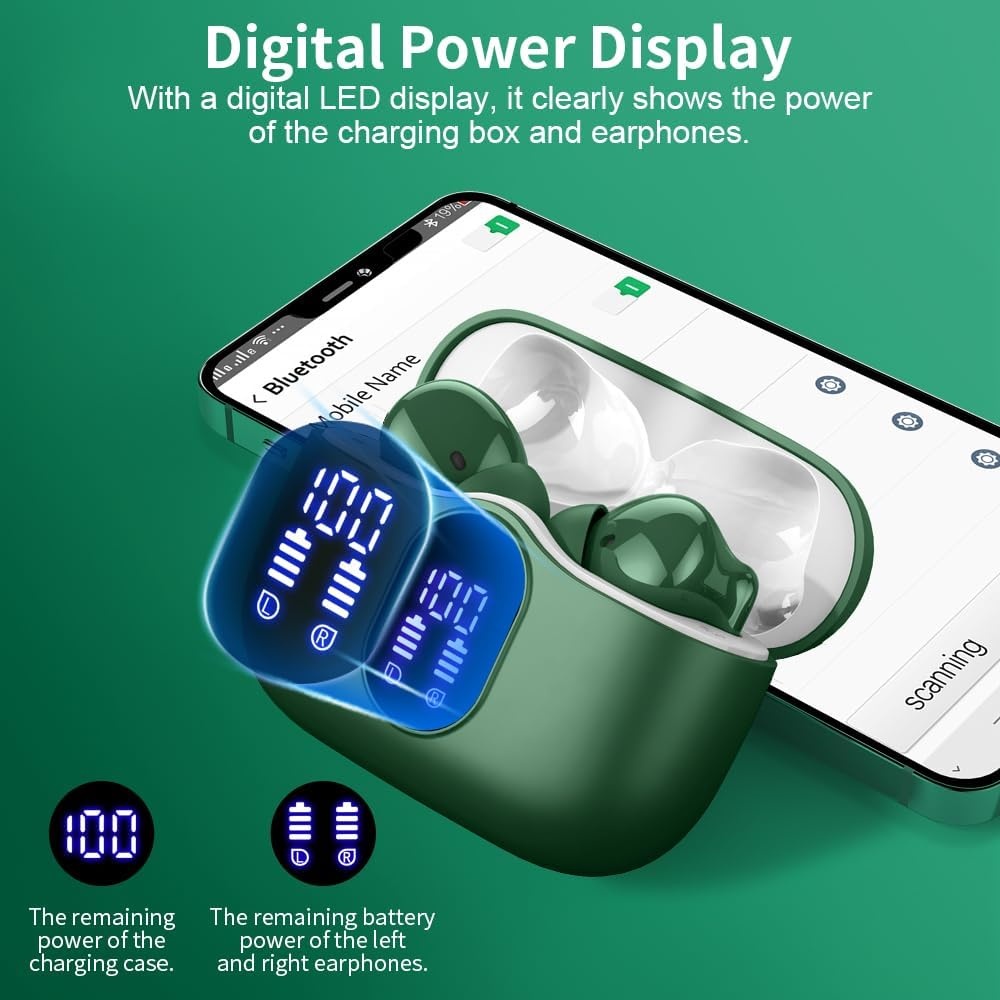 Btootos Bluetooth 5.3 hoofdtelefoon, draadloos, met 4 ENC-ruisonderdrukking, microfoon, bluetooth, hifi, stereogeluid, 36 uur speeltijd, IP7 waterdicht, led-display, touch-bediening