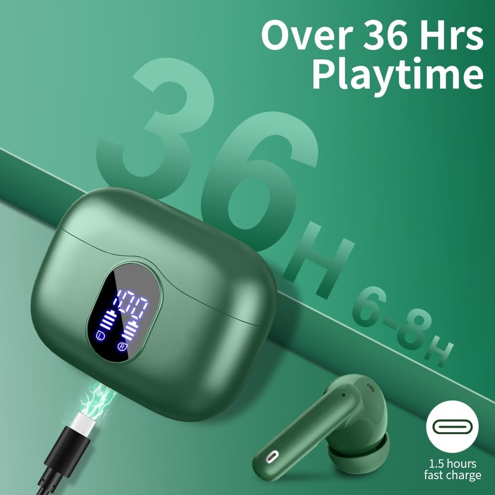 Btootos Bluetooth 5.3 hoofdtelefoon, draadloos, met 4 ENC-ruisonderdrukking, microfoon, bluetooth, hifi, stereogeluid, 36 uur speeltijd, IP7 waterdicht, led-display, touch-bediening