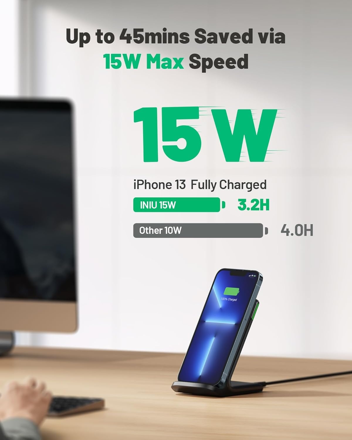 INIU Draadloze oplader, 15 W snellaadstandaard, draadloos laadstation, Qi-gecertificeerd, oplader, compatibel met iPhone 12, 11 Pro Max, Xr, Xs X, 8, Samsung Galaxy S21, S20, S10, S9, S8