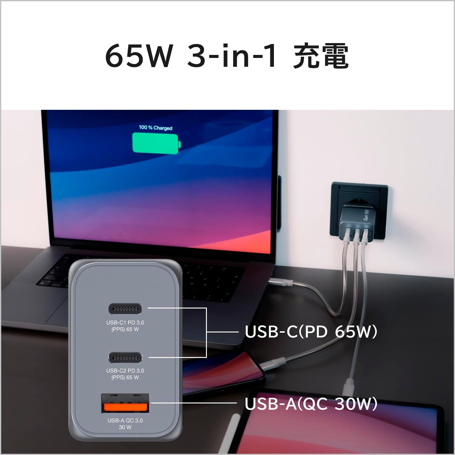 GaN Snellader 65W: 3 Poorten (2x USB-C, 1x USB-A) - 33% Korting!