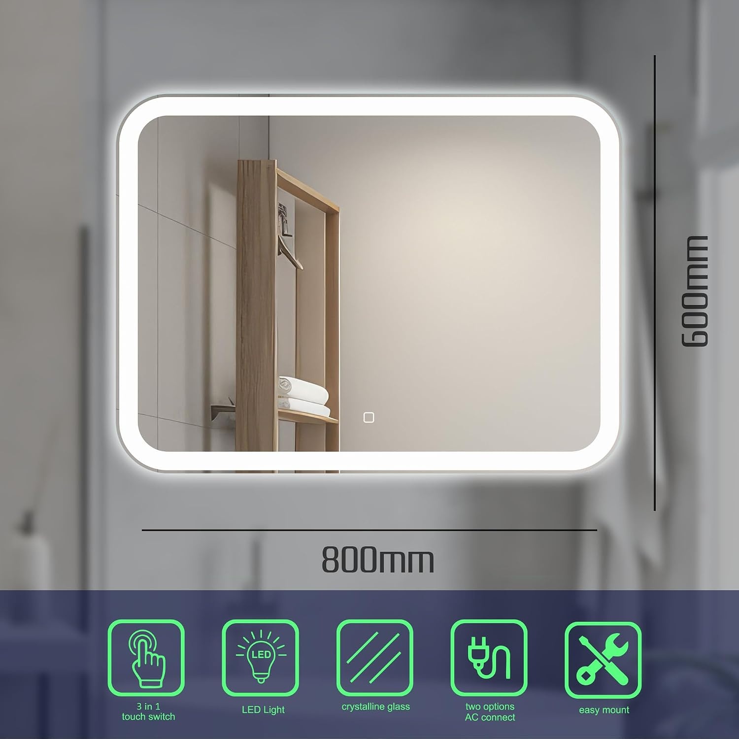 Badkamerspiegel 60x80cm LED met Touch Dimmer - Egale Lichtlijn - 29% Korting