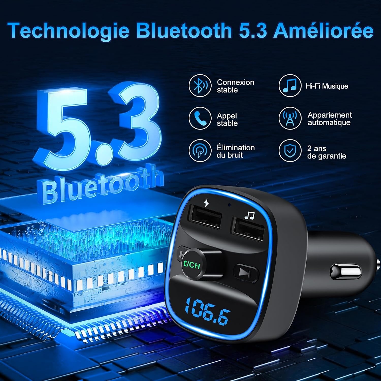 Bluetooth 5.3 FM-zender Auto met Dubbele USB & Handsfree