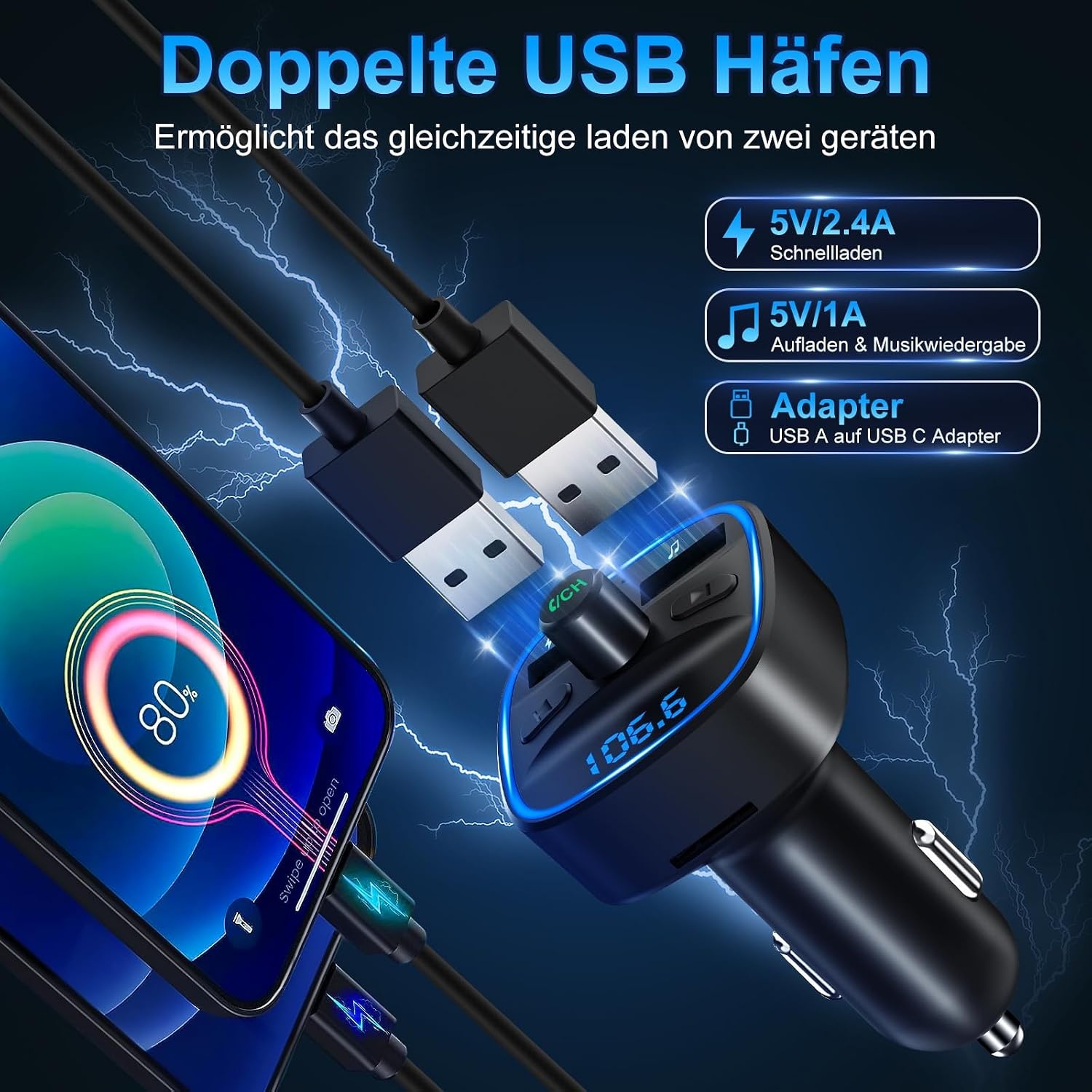 Bluetooth 5.3 FM-zender Auto met Dubbele USB & Handsfree