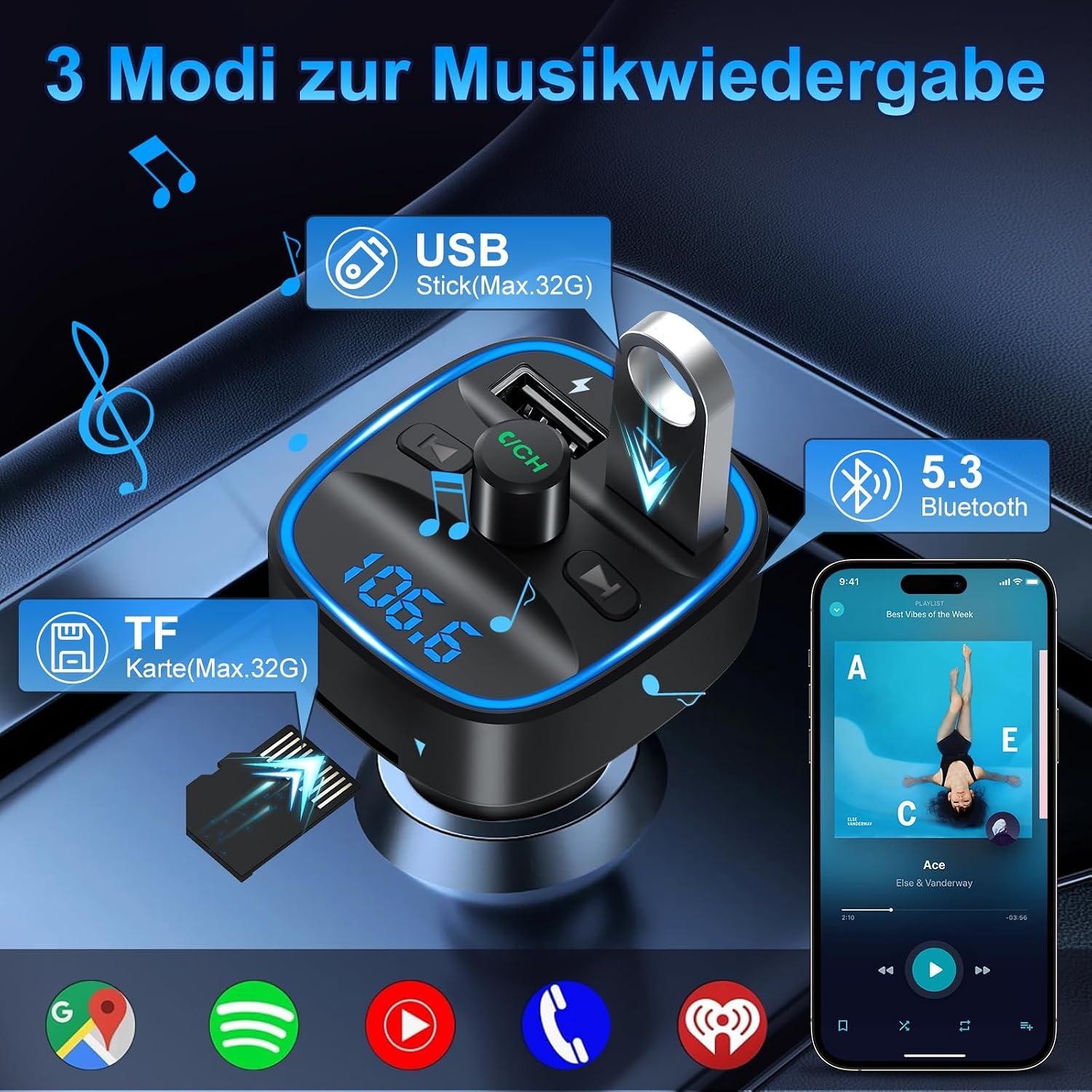 Bluetooth 5.3 FM-zender Auto met Dubbele USB & Handsfree